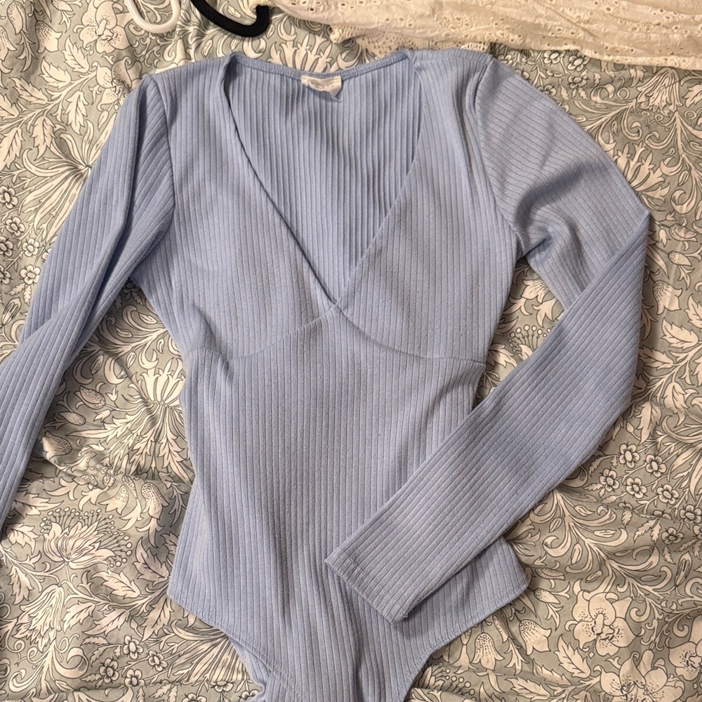 Le Lis Sky Blue Ribbed Bodysuit